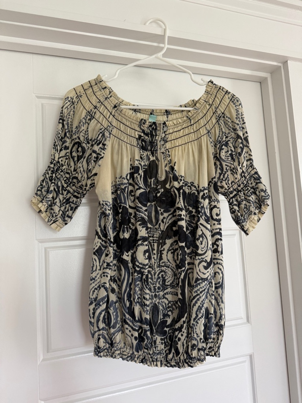 Boho Cream and Navy Smocked Top